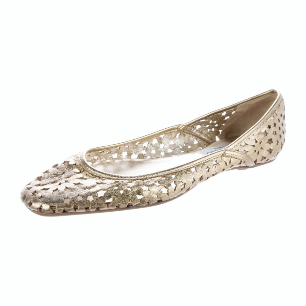 JIMMY CHOO Laser Cut Metallic Gold Leather Flats